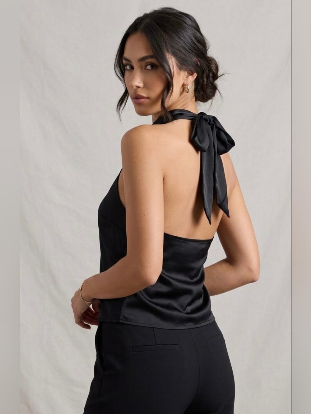 Black Silk Cami Halter Neck Tank Top Size XS XSmall Crop Shirt Peplum Cropped